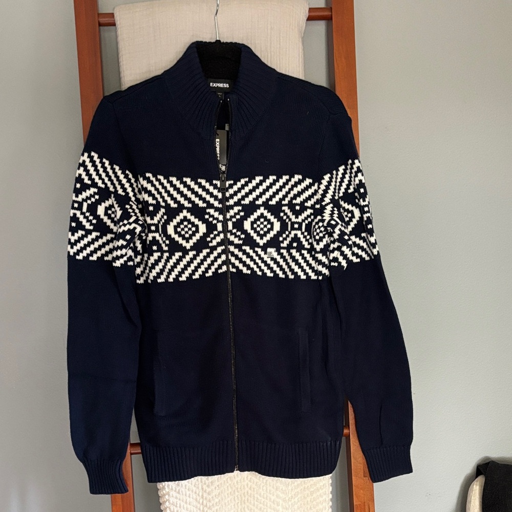 Express Navy and White Patterned Zip-Up Sweater